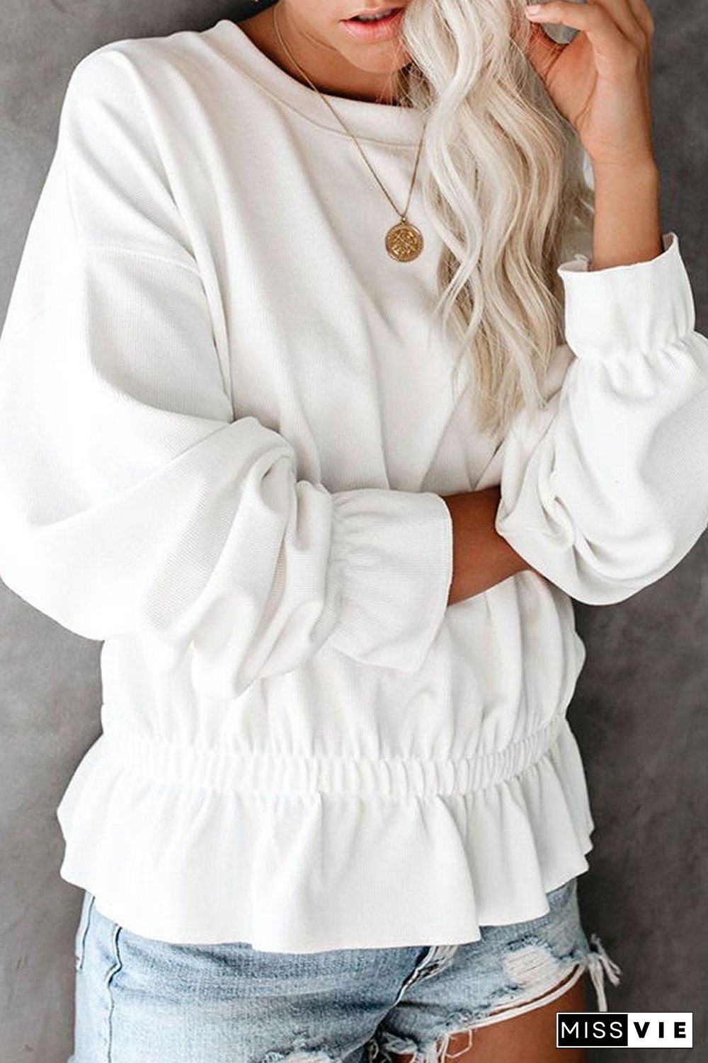 Round Neck Casual Elastic Waist Top