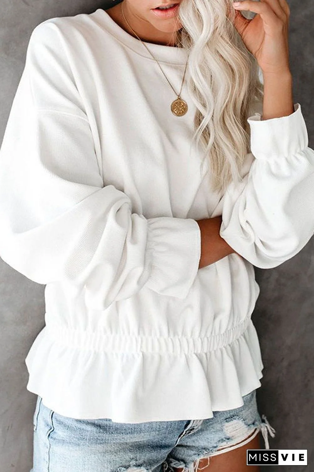 Round Neck Casual Elastic Waist Top