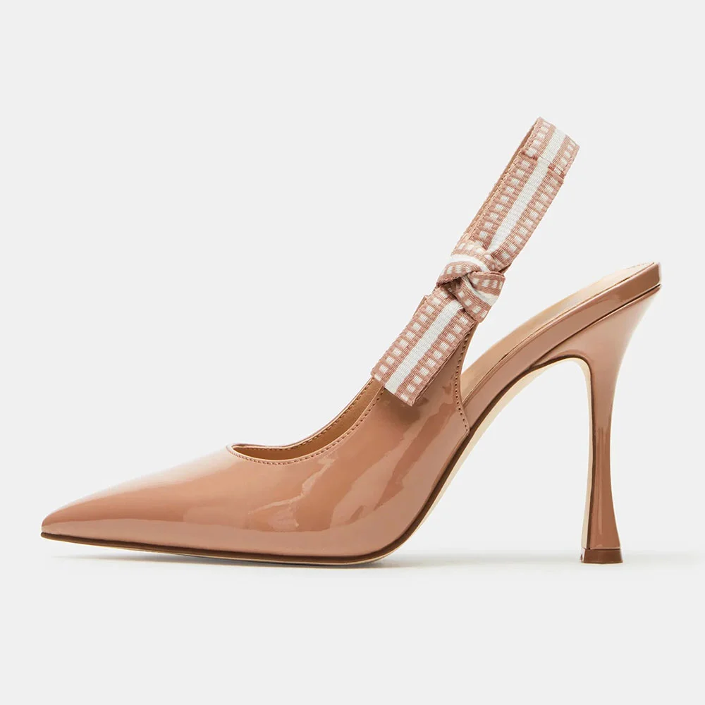 Patent Leather Stiletto Heel Slingback Bow Accent Nude Pumps
