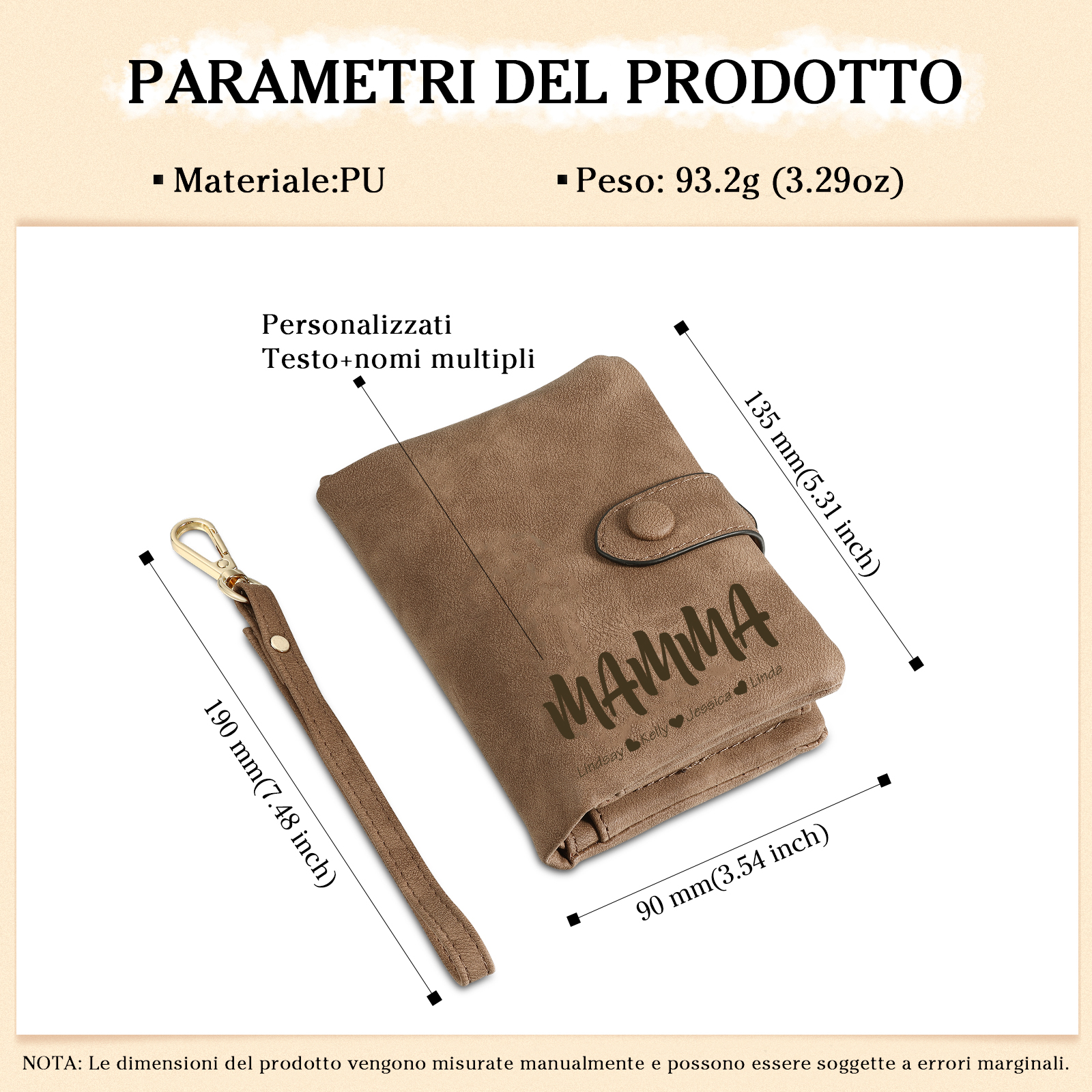 Portafoglio in PU pelle con 3 nomi & 1 testo & 1 foto personalizzati per mamma