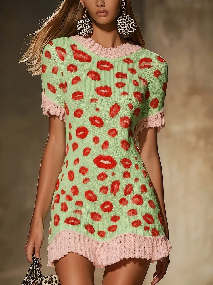 Patterned frilly knitted dress