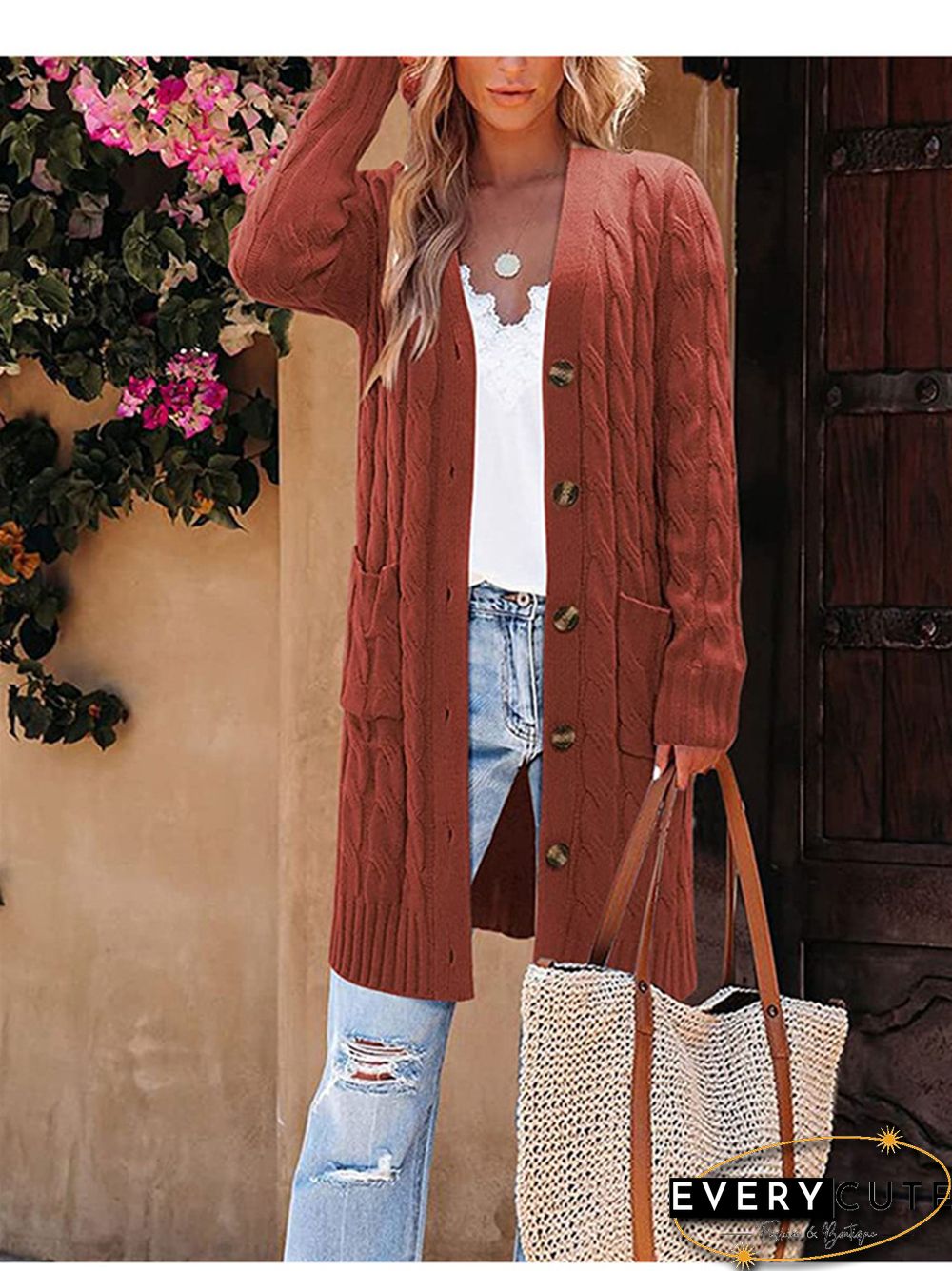 V-neck Single Breasted Pocket Solid Color Knitted Long Sweater