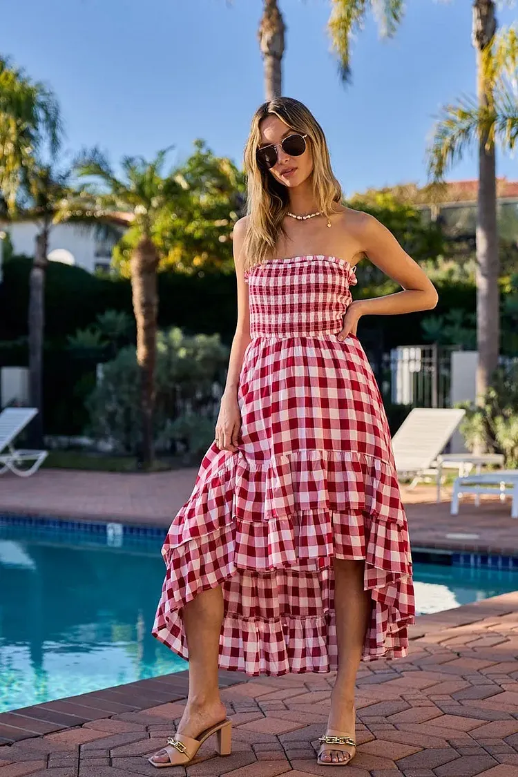 BiBi Smocked Body Off Shoulder Check Dress