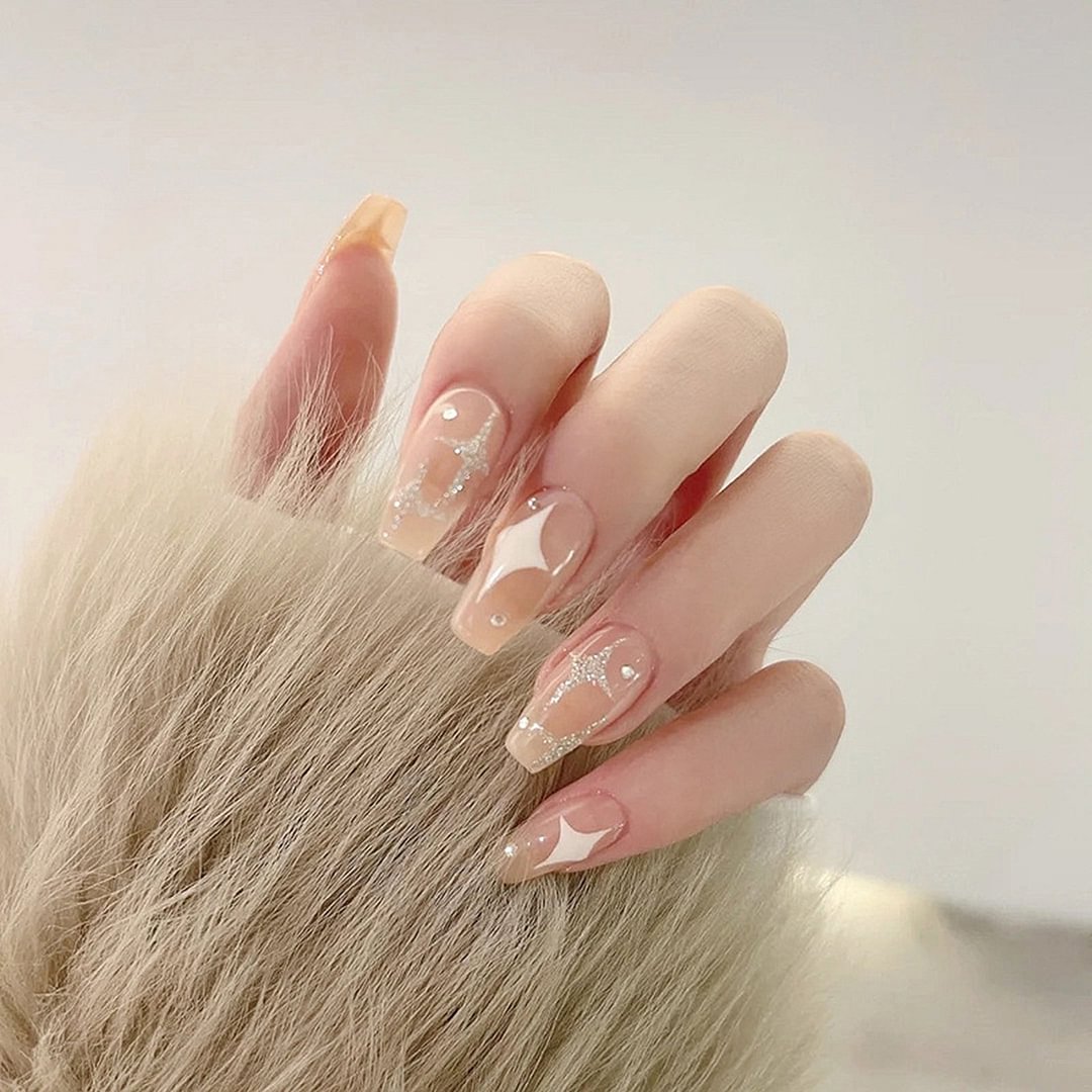 24pcs False Fingernails Skin Color Love Glitter Wearing Nail Finished Star Ballerina Fake Nail Nail Patch Acrylic Nail Products