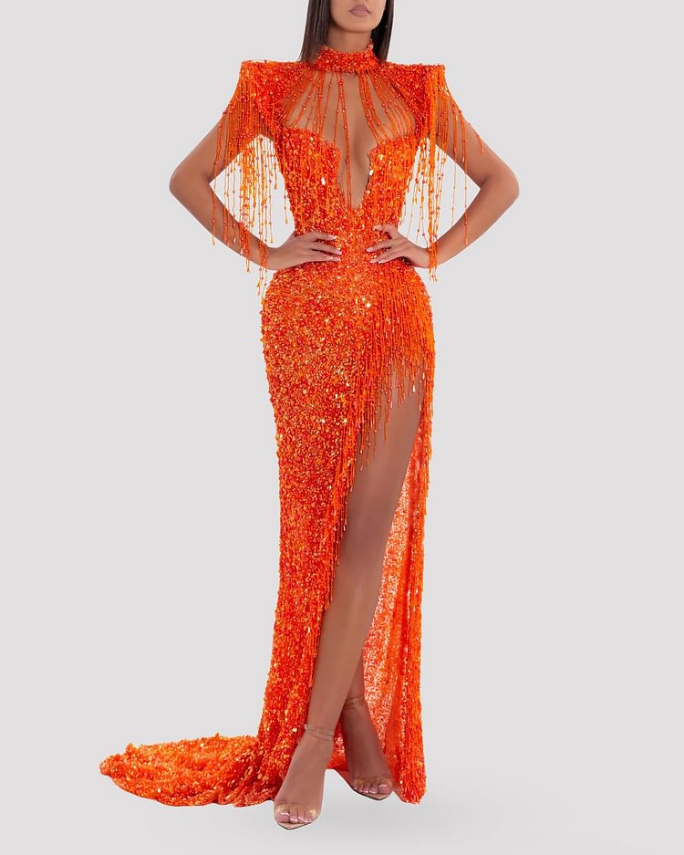 Long Orange Dress With Stones