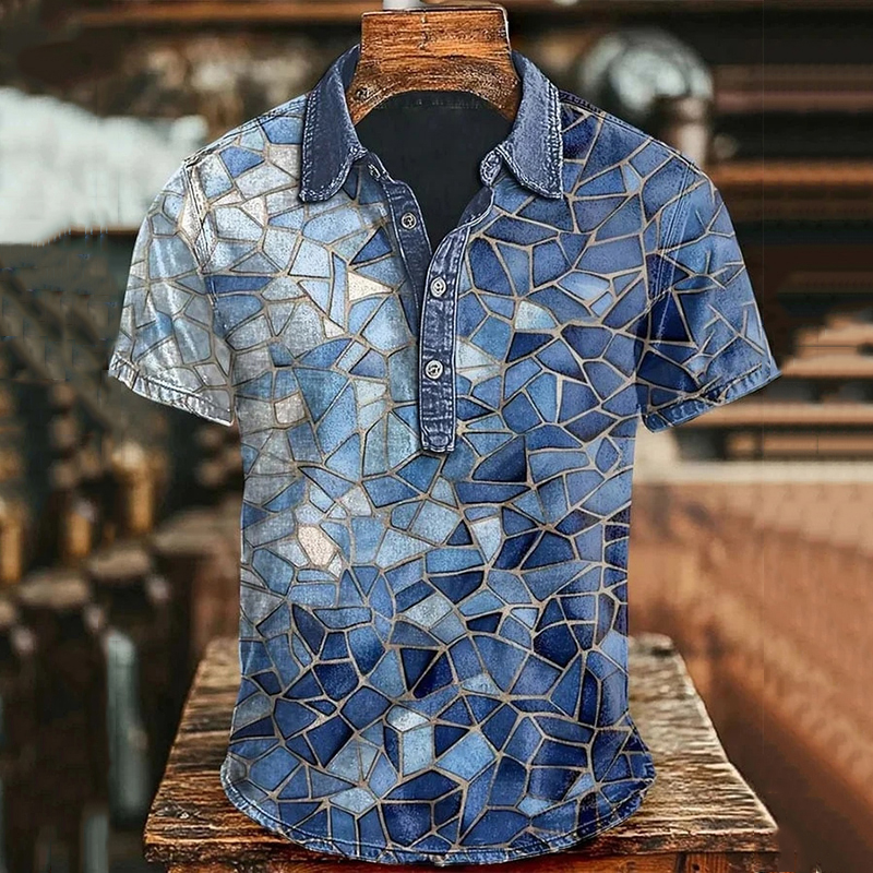 Men's Casual Retro Geometric Pattern Print Polo Shirt  artssus
