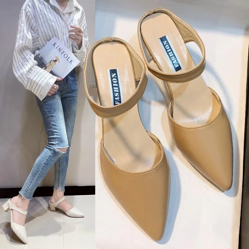 Breakj Breakj Korean Version Of The Bag Head With Cold Slippers Women Sharp-Tip Word Thick Half-Slipper With Sandals High Heels