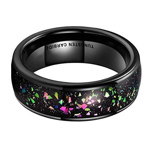 6MM 8MM Men's Or Women's Tungsten Carbide Wedding Matching Rings Black with Rainbow Fragments Inlay Domed