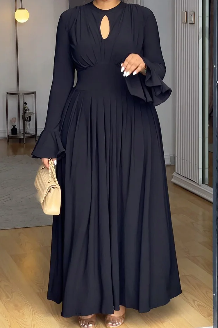 Round Neck Cutout Flare Sleeve Cinch Waist Shirred Plain Maxi Dresses-Black