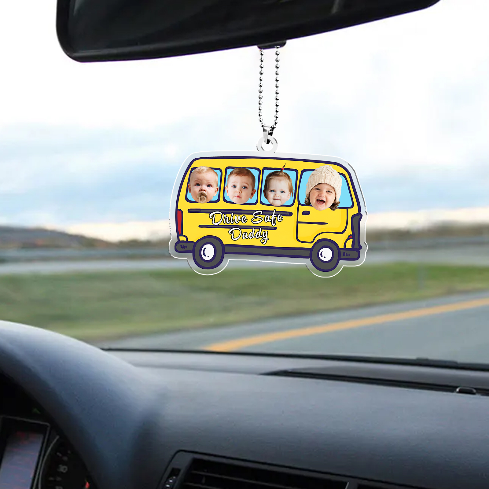 Personalised Yellow Car Acrylic Hanging Ornament Custom 4 Photos & 1 Text & 1 Name Keychain Pedant Gift for Family-Jessemade AU