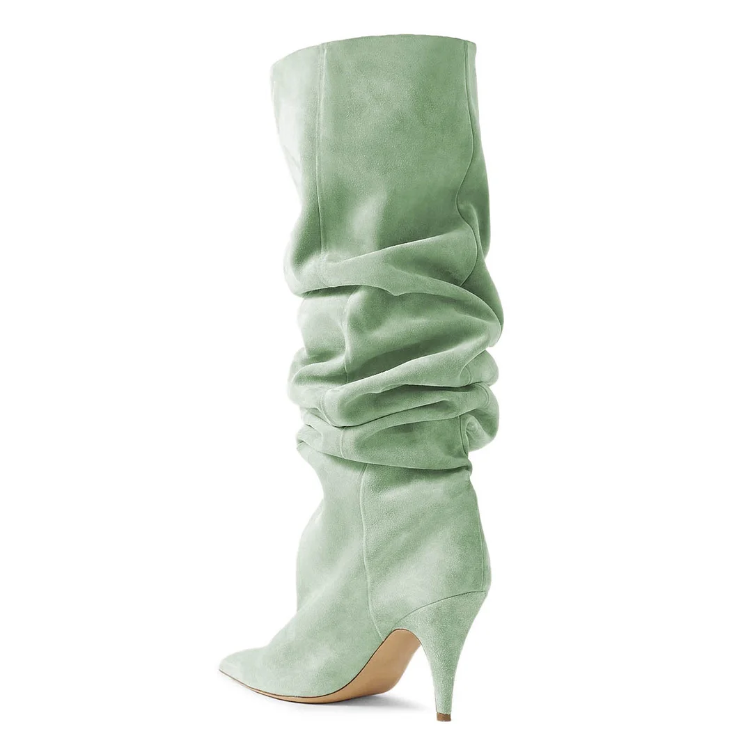 Light Green Pointed Toe Cone Heel Keen High Slouch Boots for Women