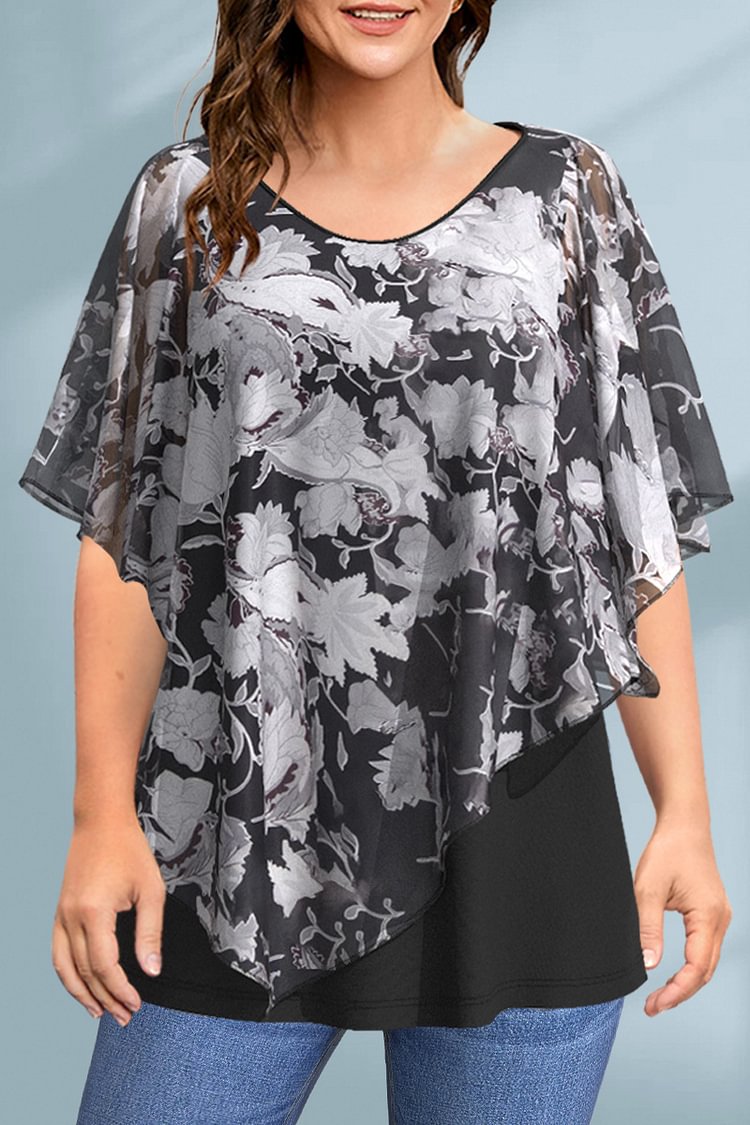Flycurvy Plus Size Dressy Black Floral Print Ruffle Batwing Cape Sleeve Fake Two Pieces Blouse  Flycurvy [product_label]