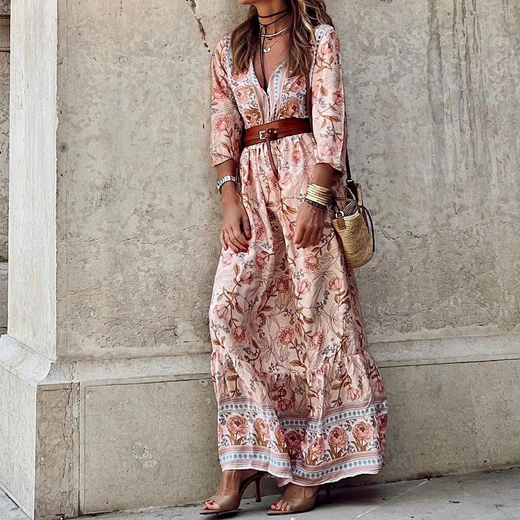 Bohemian Printed Mid-sleeve Maxi Dress - yankia