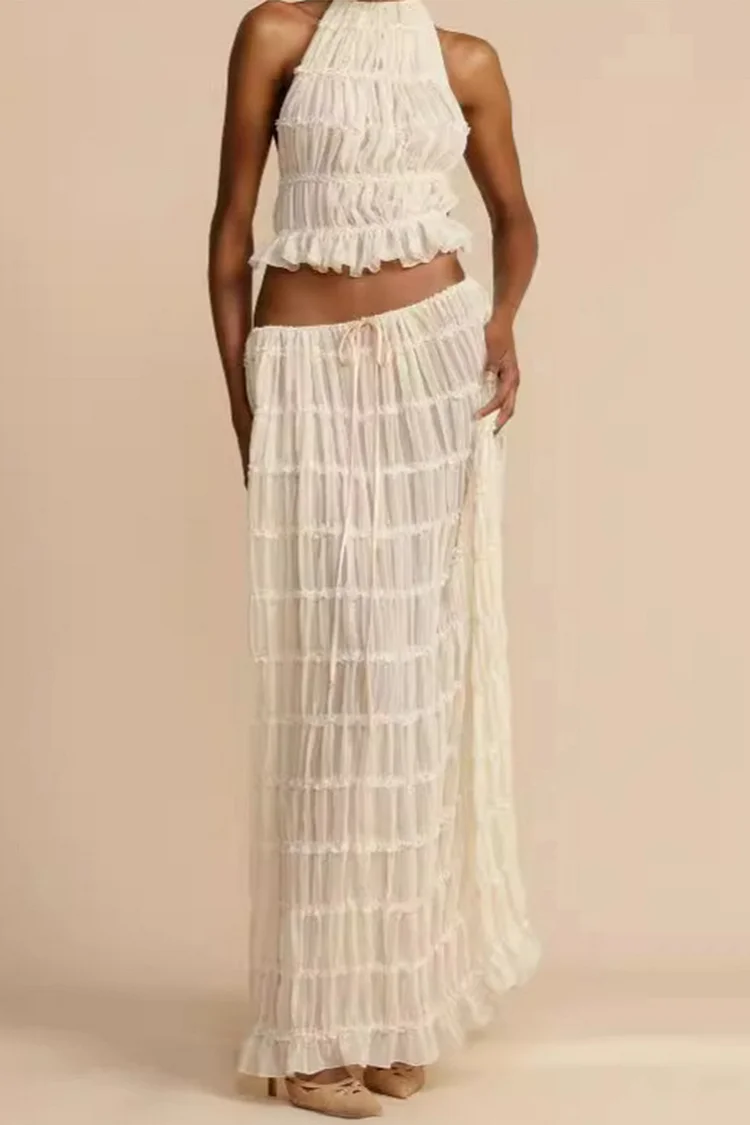 Semi Formal White Halter Collar Fold Two Piece Skirt Set