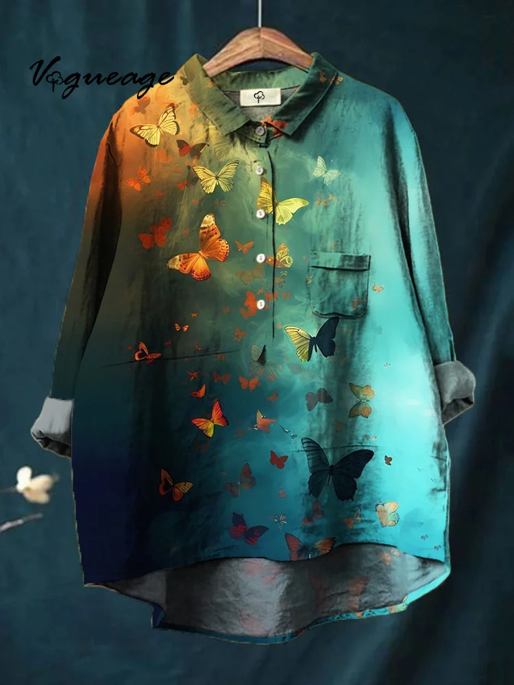 Happy Flying Watercolor Butterflies Printed Cotton And Linen Shirt