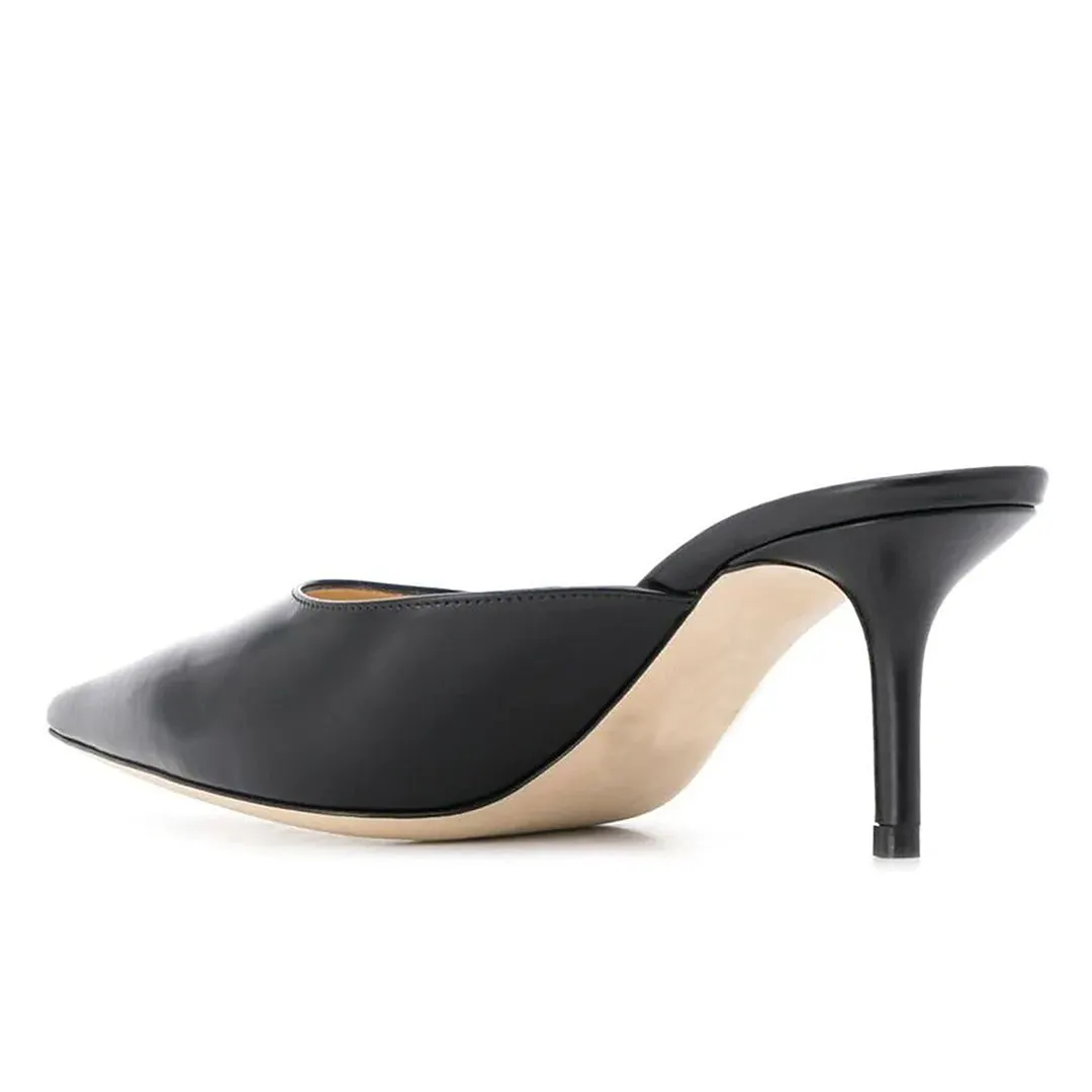 Black Vegan Leather Pointed Toe Mules Shoes with Stiletto Heels