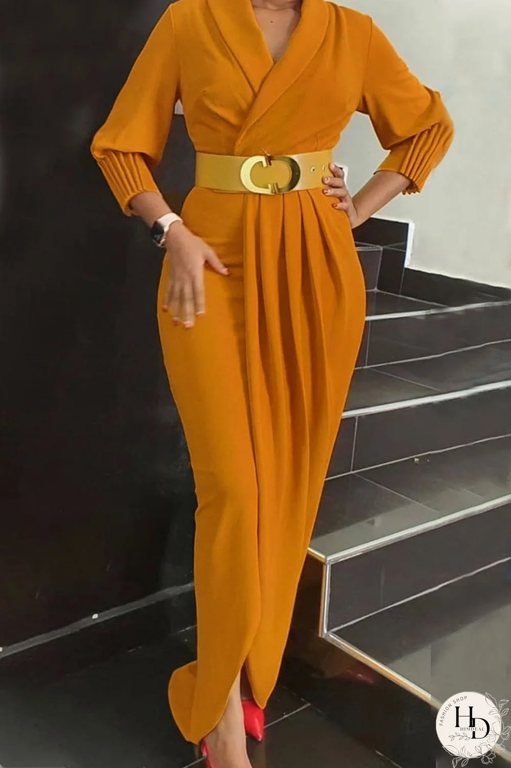 Yellow Elegant Solid Patchwork Fold With Belt V Neck Long Sleeve Plus Size Dresses