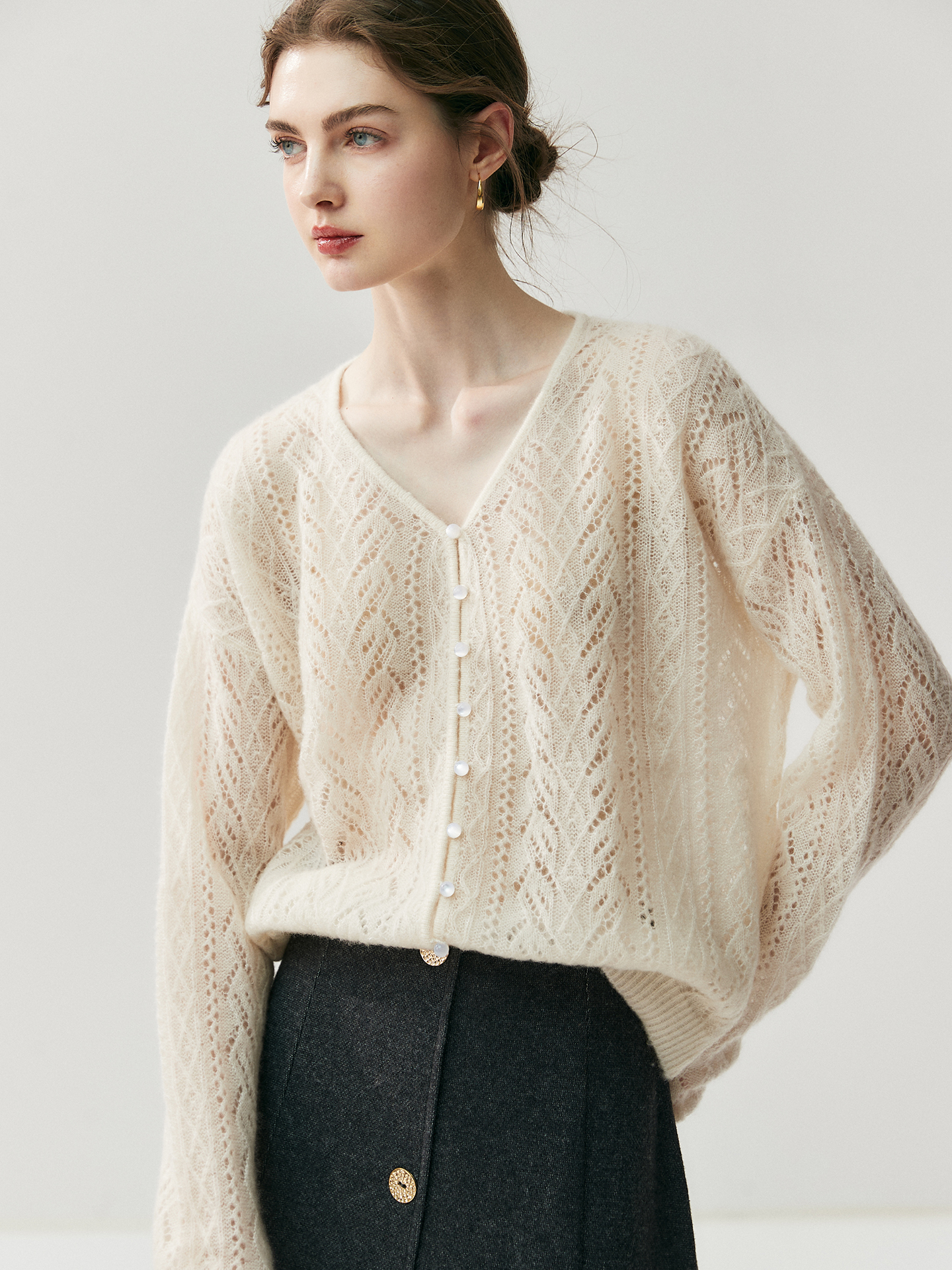 Women's V-Neck Openwork Knit Cashmere Cardigan REAL SILK LIFE