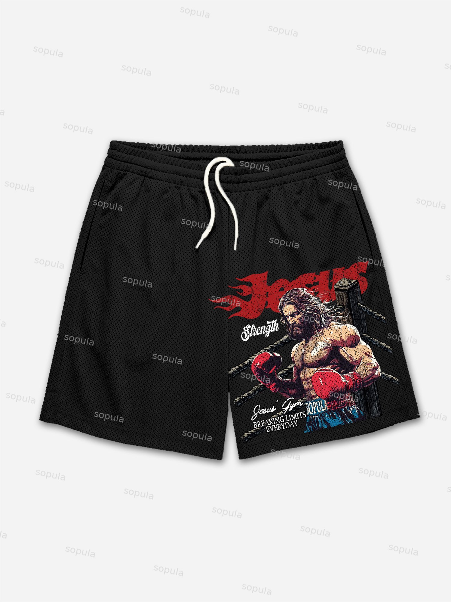 Jesus' Gym Boxer Graphic Print Mesh Shorts - Sopula｜Premium Graphic Tees & Graphic Clothing
