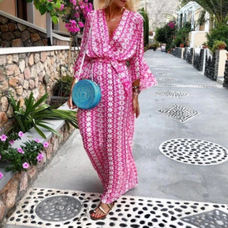 Vacation V-neck Print Long Sleeve Dress