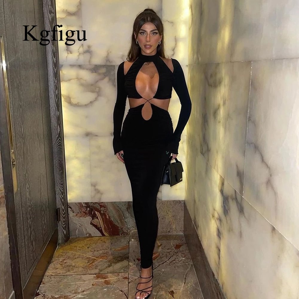 KGFIGU Dresses For Women 2021 Fall Clothing Ladies Long Sleeve Hollow Out Sexy Maxi Dress Elegant Black Bodycon Skrit