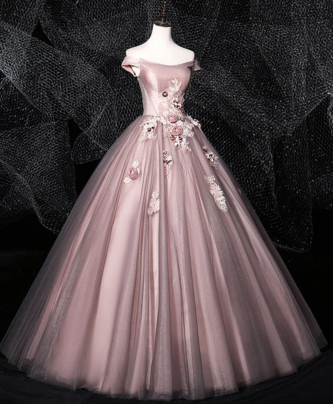 Dark Pink Tulle Lace Long Prom Dress Tulle Lace Evening Dress