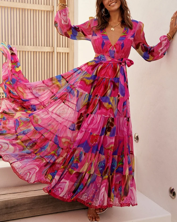 PINK ROSE V NECK SHIRRED MAXI DRESS