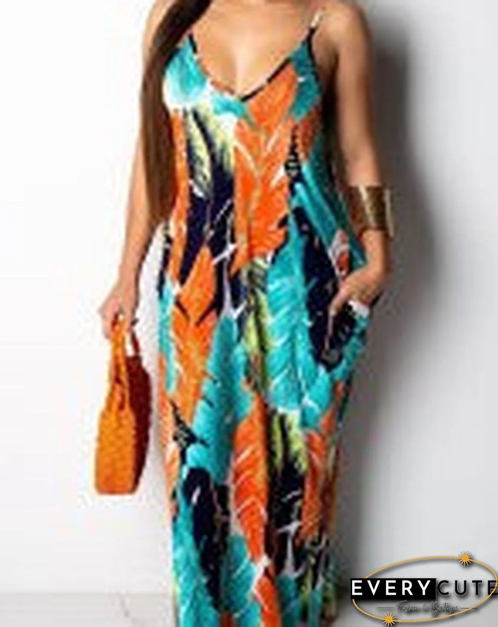 Leaf Print Pocket Design Maxi Dress