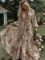 Women's Vintage Rose Floral Embroidery Art Casual V Neck Maxi Dress