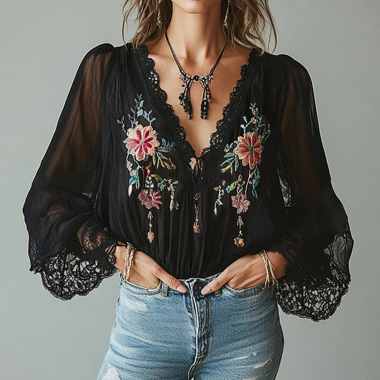 Ursime V Neck Floral Embroidery Lace Long Sleeve Blouse