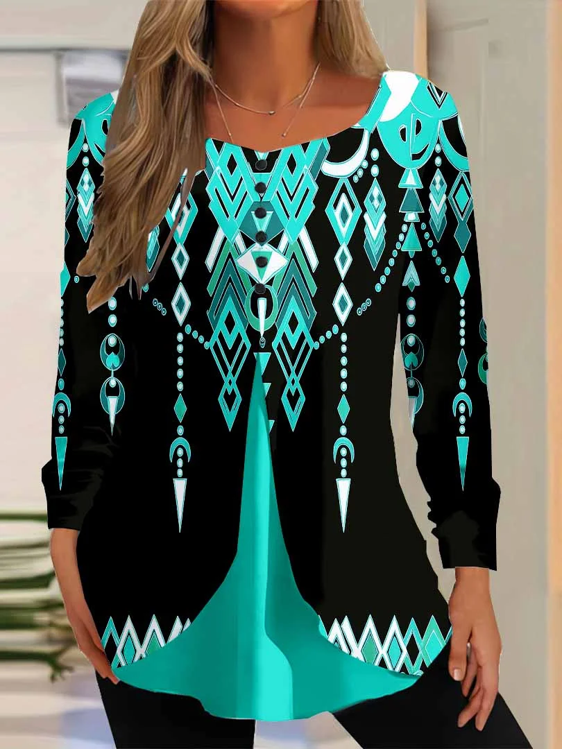 Women Graphic,Blue DZGG8342 Long Sleeve Scoop Neck Printed Graphic Button Fake 2in1 Tops