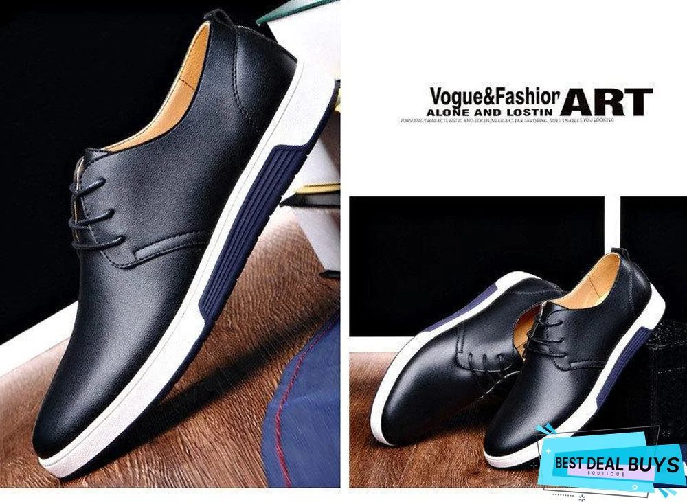Men Shoes Casual Leather Fashion Trendy Black Blue Brown Flat Shoes