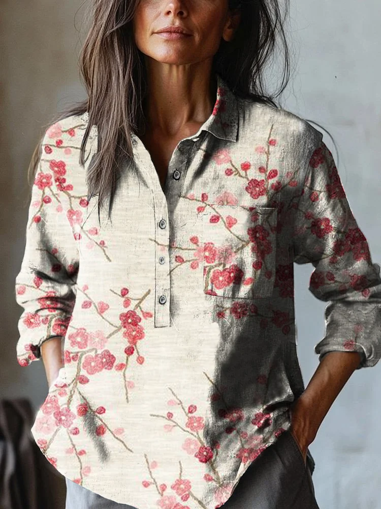 Women's  Japanese Red Classic Plum BlossomArt Print Casual Cotton And Linen Shirt