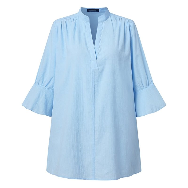 Women's Summer Blouses ZANZEA 2022 Vintage Solid Tops Half Sleeve Blusas Female V Neck Tunic Casual Chemise Oversize Tops
