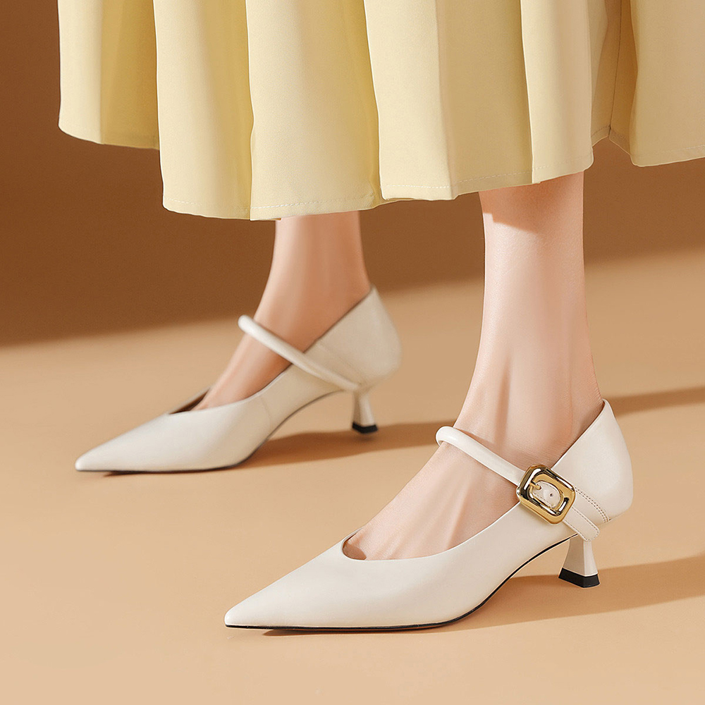 White Closed Toe Flared Heel Formal Buckled Pumps Nicepairs
