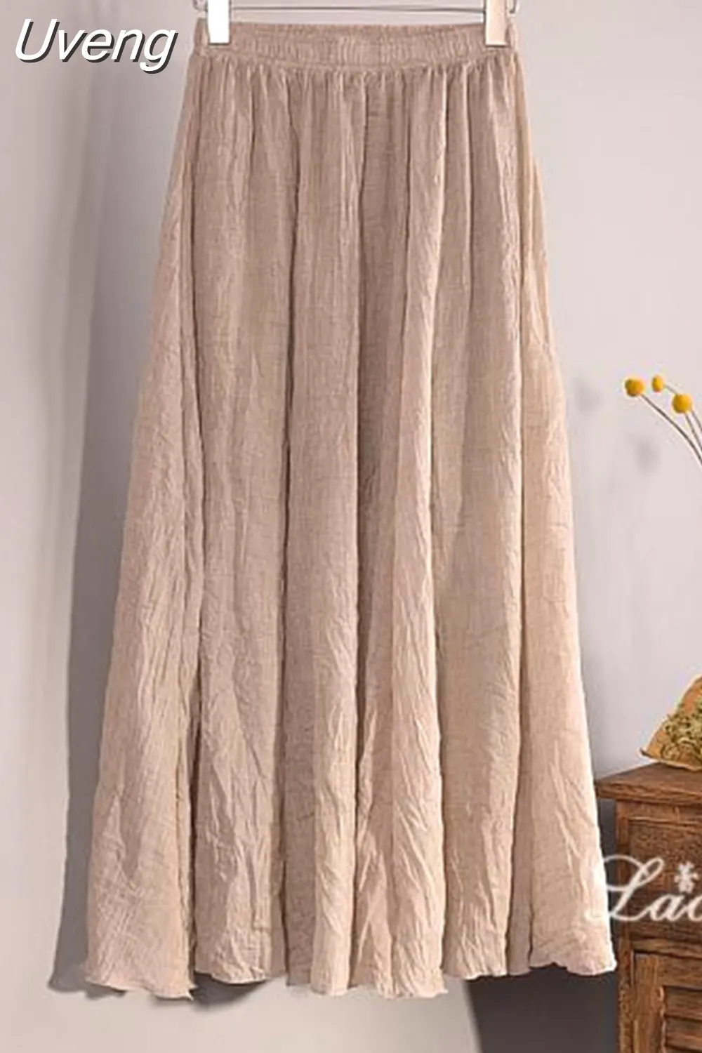 Uveng Women's Elegant 16 Color High Waist Elastic Waist Linen Pleated Long Skirts Ladies Slim Casual Skirt Saias New 2023 Summer SK05