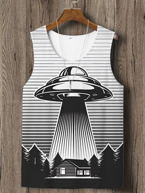 Men's Sci-Fi Art UFO Illustration Print Tank Top