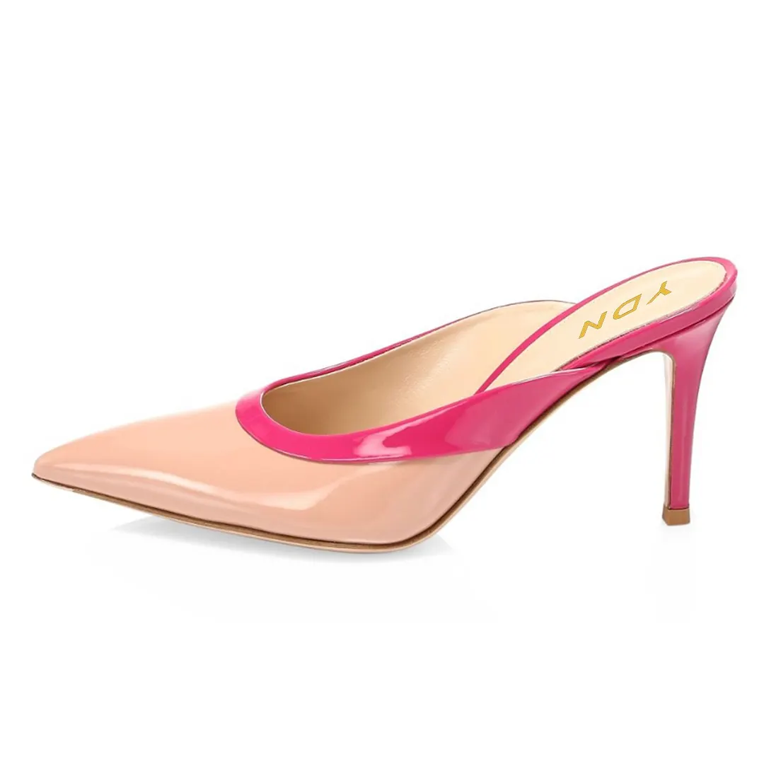 Nude & Pink Stiletto Heel Women's Mules Shoes with Pointed Toe