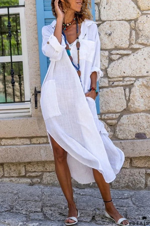 Solid color button slit loose breathable casual shirt cotton linen long shirt dress