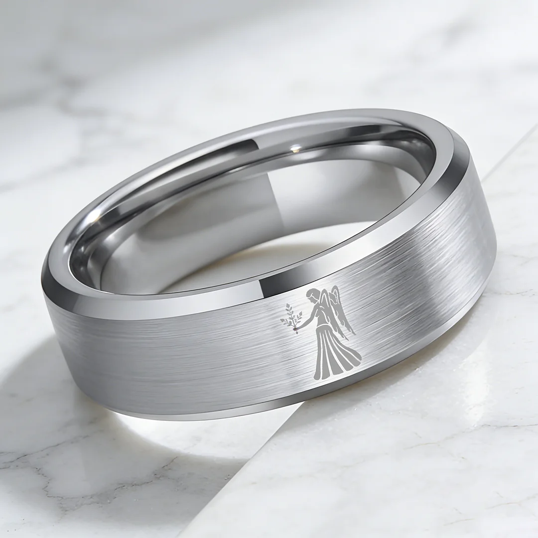 Beveled Edges Sliver Laser Etched Tungsten Carbide Rings Sliver Virgo Couple Wedding Bands 4MM 6MM 8MM
