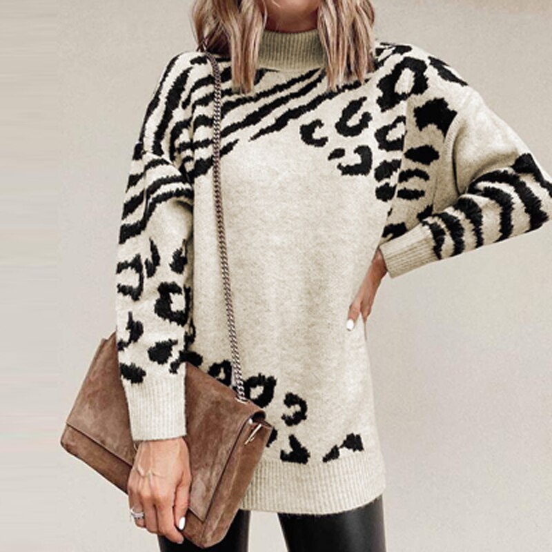 Women Fashion Turtleneck Sweater Autumn Winter New Warm Knit Jumper Tops Casual Long Sleeve Leopard Knitter Pullover Streetwear