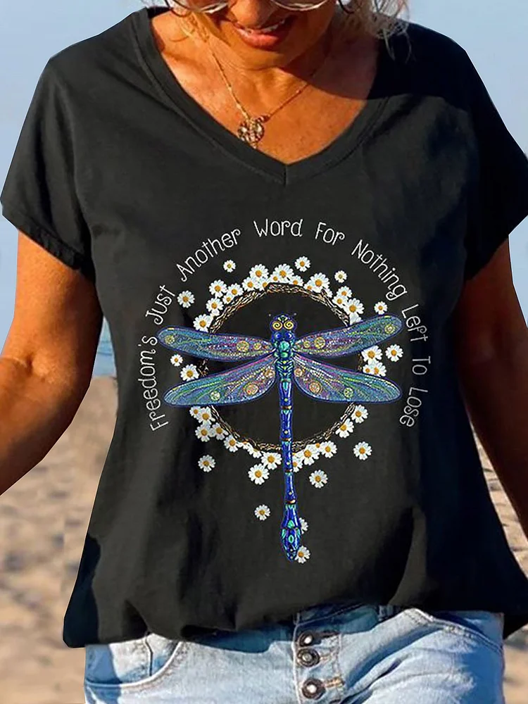Letter Dragonfly Printed Casual Loosen Plus Size T-Shirt