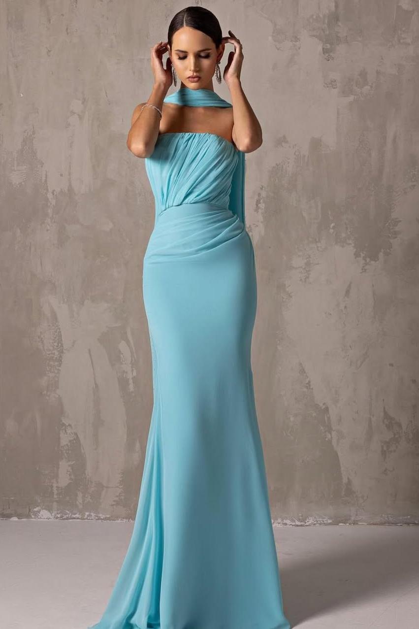 Lussooy Beautiful Strapless Sleeveless Blue Satin Prom Dress with Pleated  