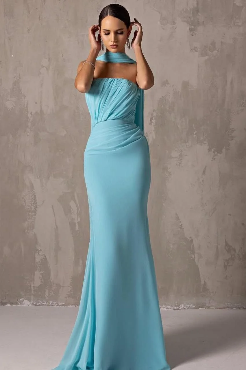 Miabel Beautiful Blue Satin Strapless Sleeveless Slim Long Prom Dress with Pleated 