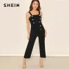 SHEIN Black Waist Belted Double Breasted Pinafore Jumpsuit Women Elegant 2019 Summer Plain Straps Sleeveless Party Jumpsuit