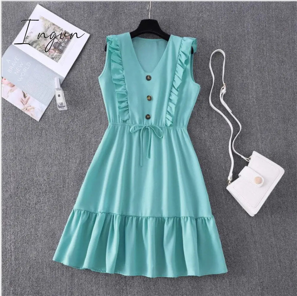 Ingvn - Women Summer Dress Casual Boho Beach Ruffles Mini Party Sexy V - Neck High Waist Female