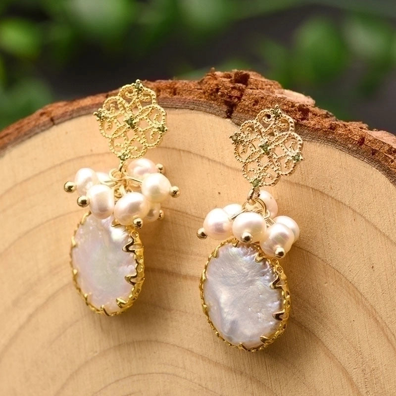 1 Pair 925 Sterling Silver Natural Stone Pearl Leaf Square Oval Earrings