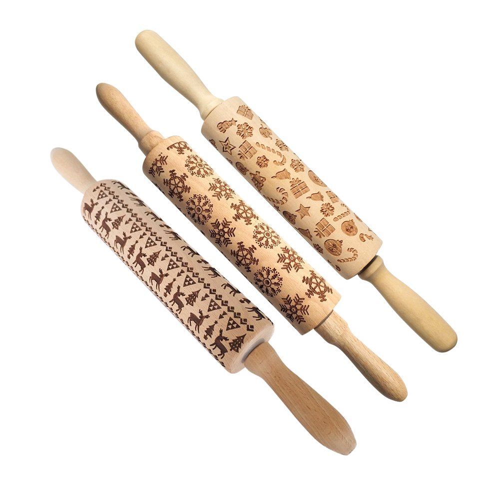 

3x Christmas Embossing Rolling Pin Baking Noodle Dough Wood Engraved Roller, 501 Original