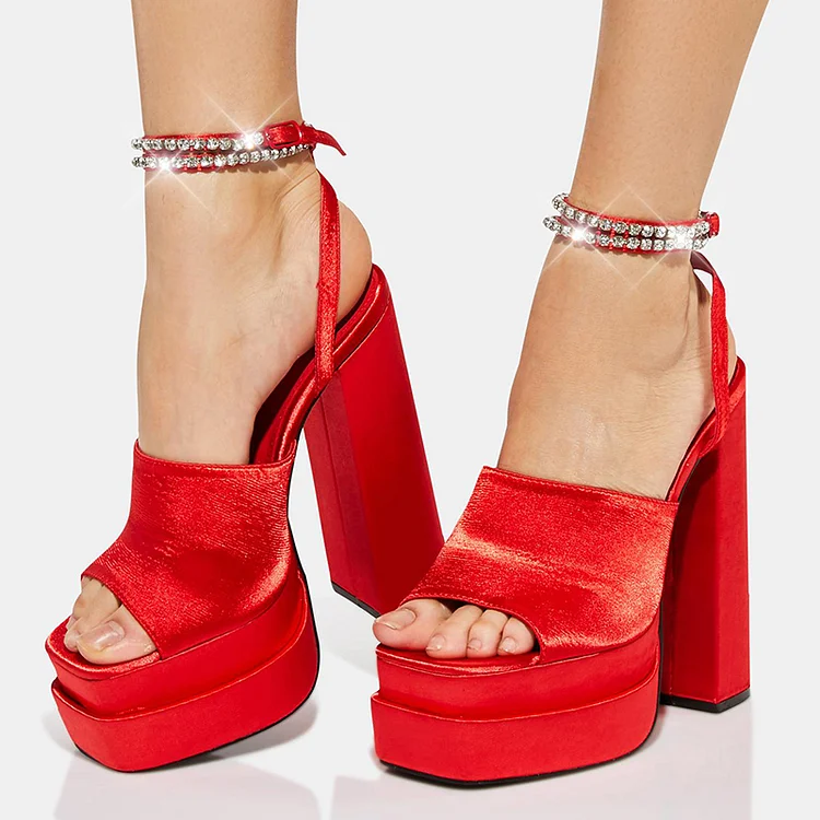 Red Velvet Shoes Rhinestones Platform Sandals Square Toe Chunky Heels |FSJ Shoes