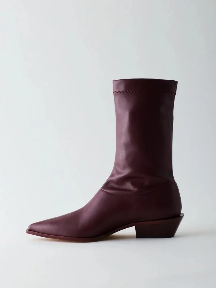 Elastic Low Chunky Heel Western Mid Calf Boots